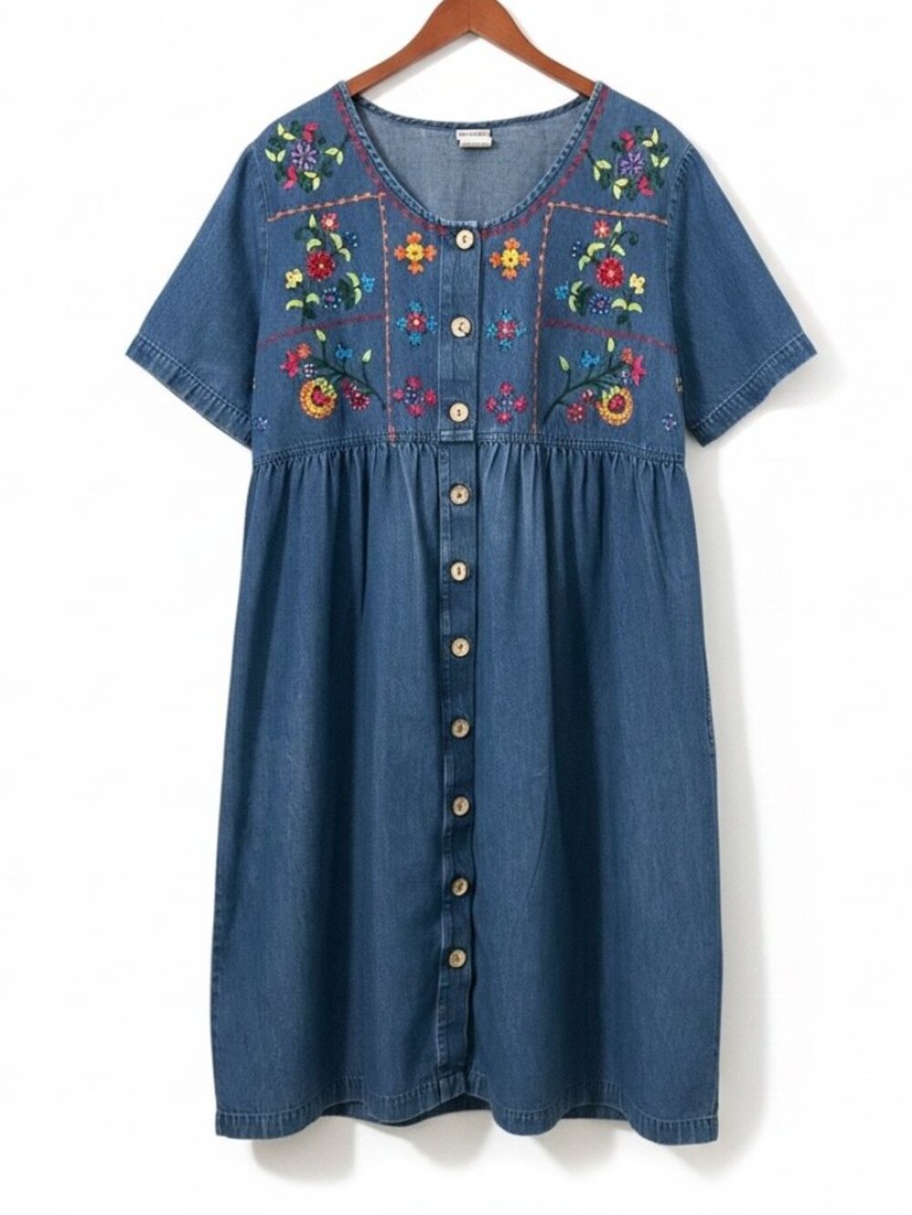Bechamel Denim Embroidered Floral Dress Womens XL Blue Boho Cottagecore Midi